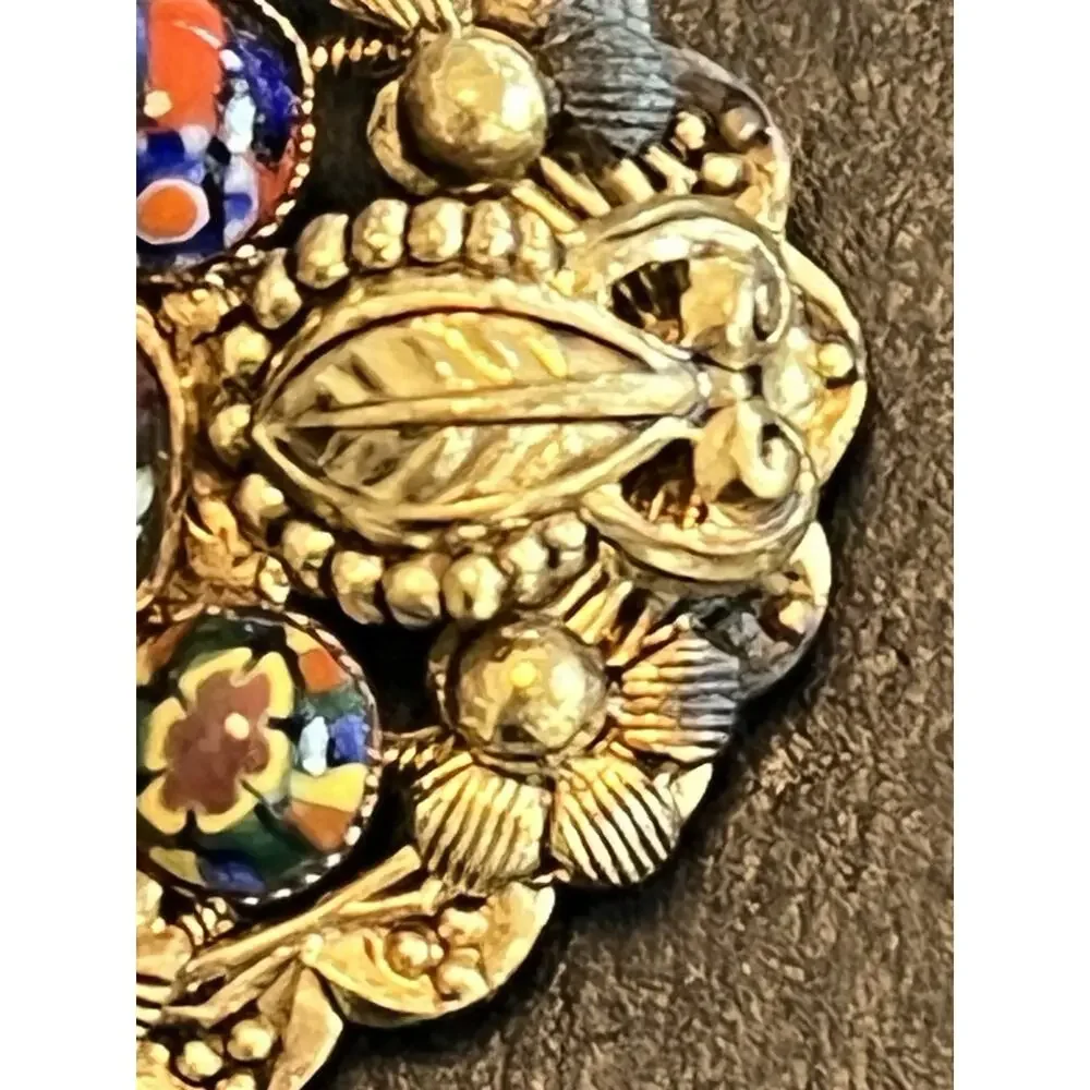 Vintage Millefiori Glass Cabuchon Brass Large Pin Brooch Gold Tone 2.5”